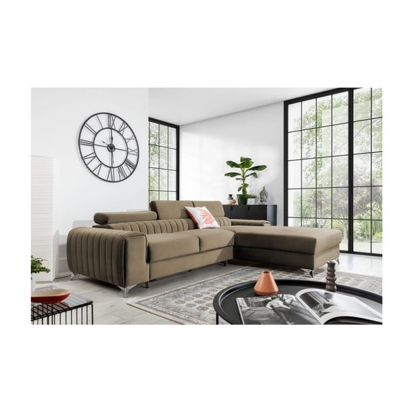 Světle hnědá sametová rozkládací/s úložným prostorem rohová pohovka (pravý roh/s lenoškou) Grayson – ELTAP-image-1