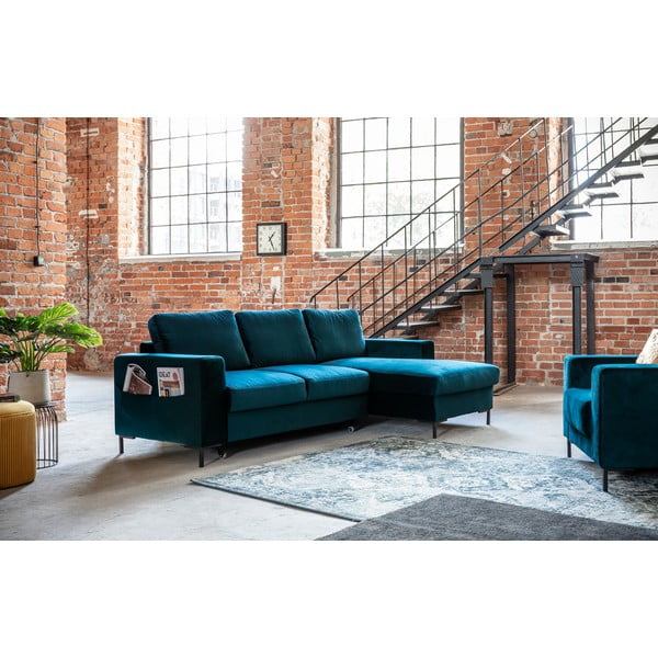 Sametová rozkládací rohová pohovka v petrolejové barvě (pravý roh) Lofty Lilly – Miuform-image-3