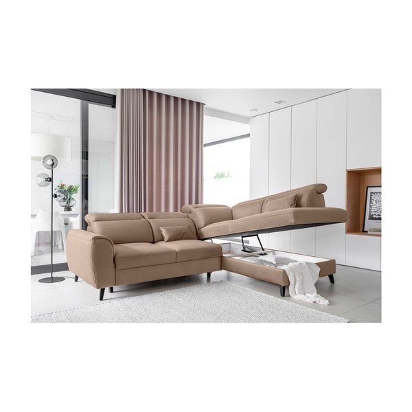 Světle hnědá sametová rozkládací/s úložným prostorem rohová pohovka (pravý roh/do L) Noble – ELTAP-image-3