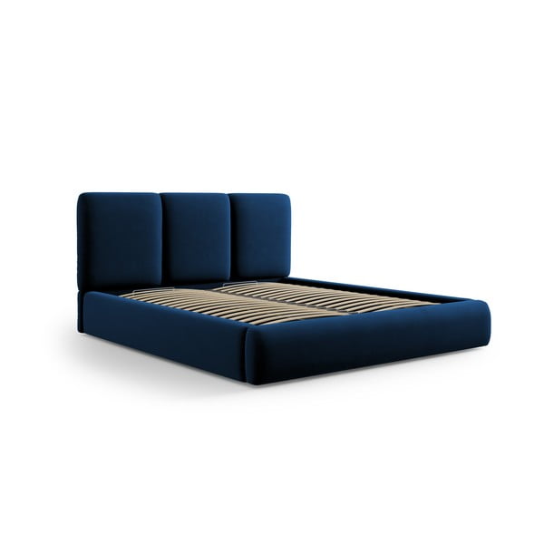 Tmavě modrá sametová čalouněná dvoulůžková postel s úložným prostorem s roštem 200x200 cm Brody – Mazzini Beds