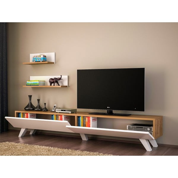 Bílá/přírodní TV  sestava  v dekoru ořechu 60x14,5 cm Amerika – Kalune Design-image-3