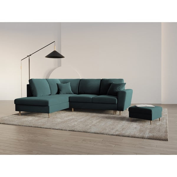 Sametová rozkládací/s úložným prostorem rohová pohovka v petrolejové barvě (levý roh/do L) Kyoto – Cosmopolitan Design-image-2