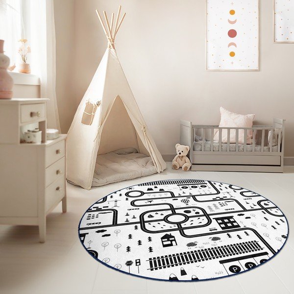 Černobílý pratelný dětský hrací koberec ø150 cm In My Town – Mila Home-image-2