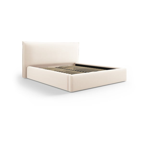 Krémová čalouněná dvoulůžková postel s úložným prostorem a roštem 160x200 cm Elio – Milo Casa