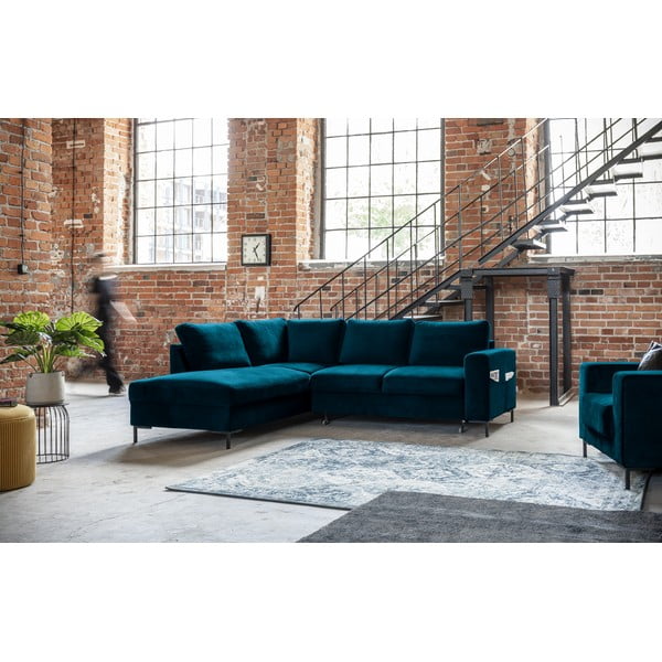 Tyrkysová sametová rozkládací rohová pohovka (levý roh) Lofty Lilly – Miuform-image-1