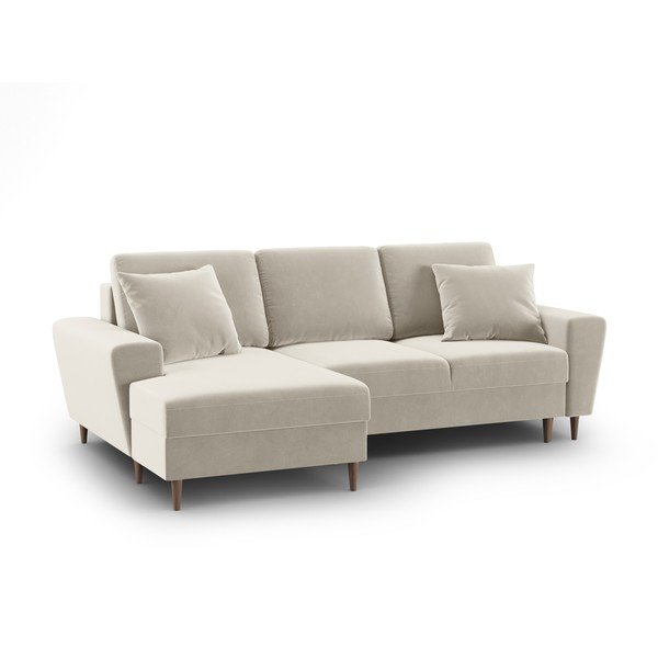 Béžová sametová rozkládací/s úložným prostorem rohová pohovka (levý roh/s lenoškou) Kyoto – Cosmopolitan Design-image-1