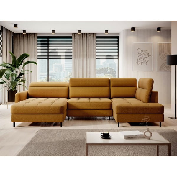 Žlutá sametová rozkládací/s úložným prostorem rohová pohovka (pravý roh/do "U") Berrto – ELTAP-image-1