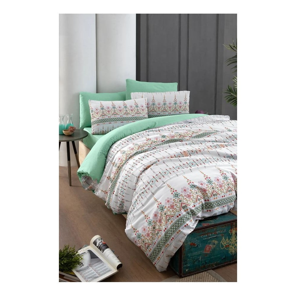 Bílo-zelené 4dílné prodloužené povlečení na dvoulůžko s prostěradlem 200x220 cm Ethnic – Mila Home