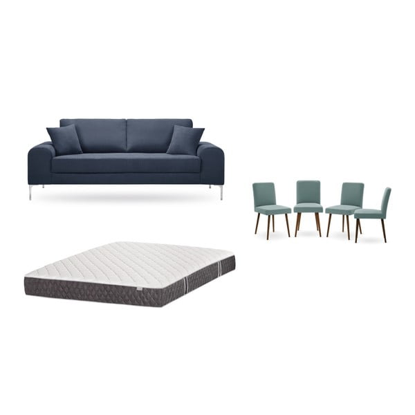 Set třímístné tmavě modré pohovky, 4 šedozelených židlí a matrace 160 x 200 cm Home Essentials