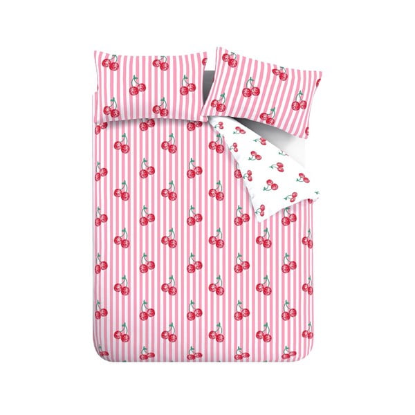 Bílé/růžové povlečení na dvoulůžko/prodloužené 230x220 cm Disco Cherries Stripes – Catherine Lansfield