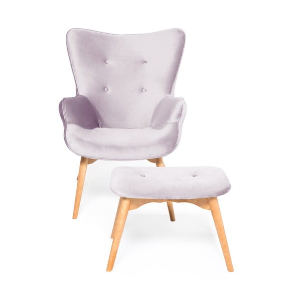 Levandulově fialové křeslo a podnožka s podnoží v přírodní barvě Vivonita Cora Velvet-image-2