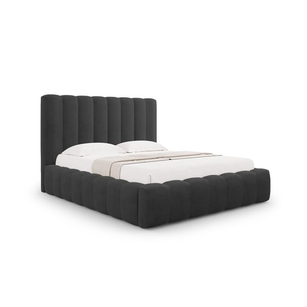Antracitová čalouněná dvoulůžková postel s úložným prostorem a roštem 200x200 cm Kelp – Micadoni Home-image-1