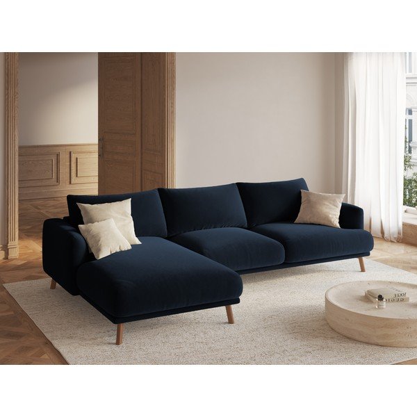 Tmavě modrá sametová rohová pohovka (levý roh/s lenoškou) Naomi – Micadoni -image-1