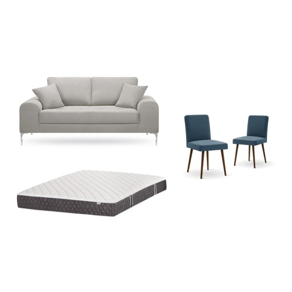 Set dvoumístné světle šedé pohovky, 2 modrých židlí a matrace 140 x 200 cm Home Essentials