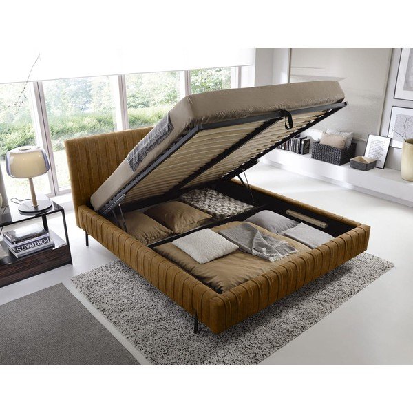 Okrově žlutá čalouněná dvoulůžková postel s úložným prostorem s roštem 180x200 cm Plissa – ELTAP-image-2