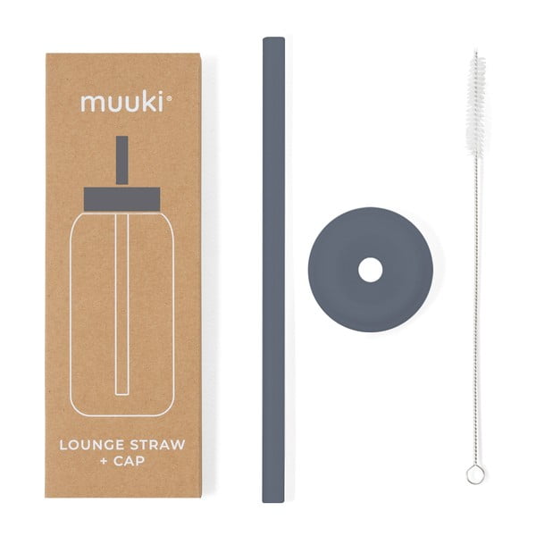Silikonové brčko s čistícím kartáčkem/s víčkem Smoke Grey – Muuki
