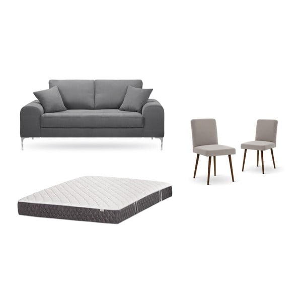 Set dvoumístné šedé pohovky, 2 šedobéžových židlí a matrace 140 x 200 cm Home Essentials
