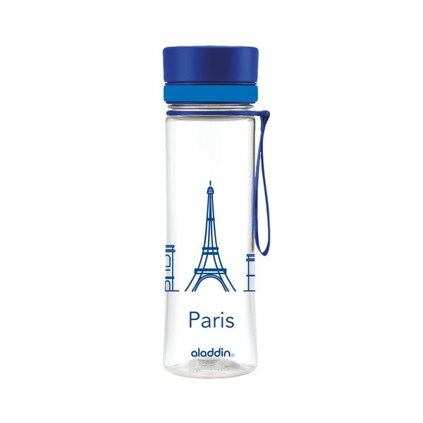 Láhev na vodu s modrým víčkem a potiskem Aladdin Aveo Limited Paris, 600 ml