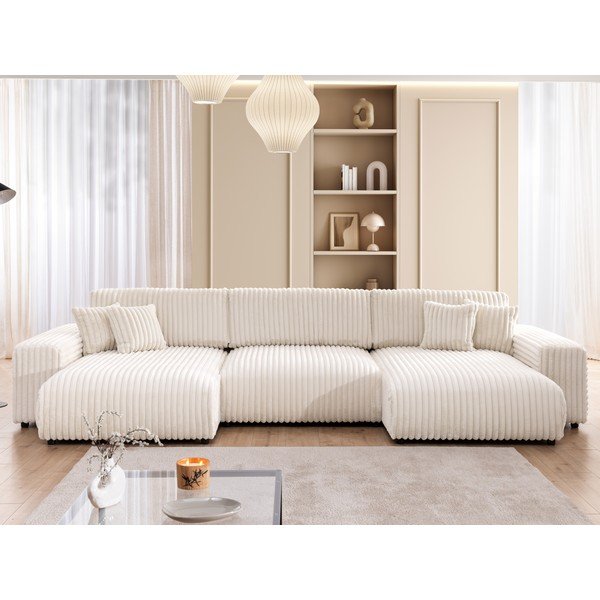 Krémová manšestrová rozkládací/s úložným prostorem rohová pohovka (do "U") Sarina – Ropez-image-1