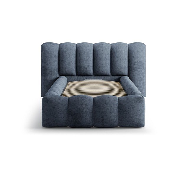 Tmavě modrá čalouněná jednolůžková postel s úložným prostorem s roštem 90x200 cm Lupine – Micadoni -image-3