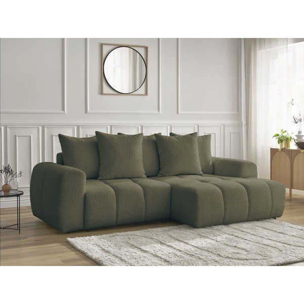 Khaki rozkládací/s úložným prostorem rohová pohovka z textilie bouclé (pravý roh/s lenoškou) Roxelane – Bobochic Paris-image-3