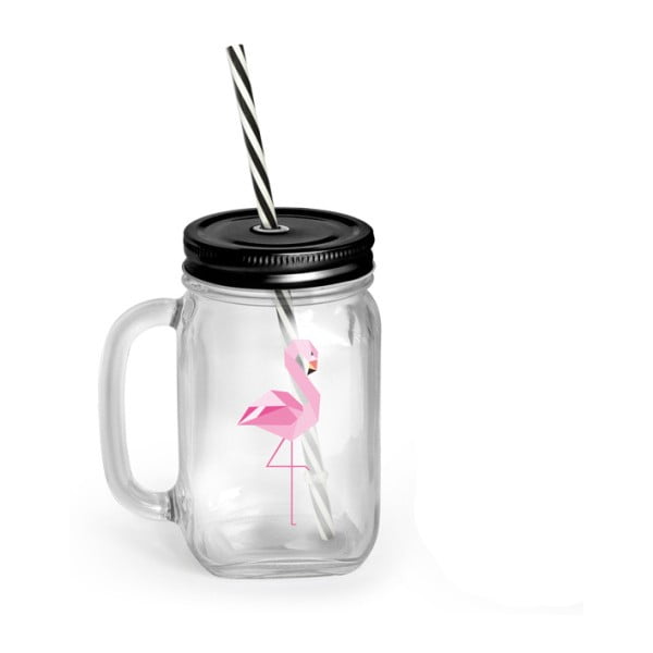 Sklenice s krytem a brčkem Vialli Design Mia Natura Flamingo, 450 ml