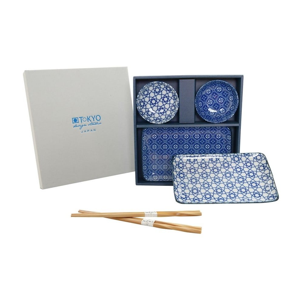 Set talířů a hůlek Nippon Blue Geometric, 6 ks