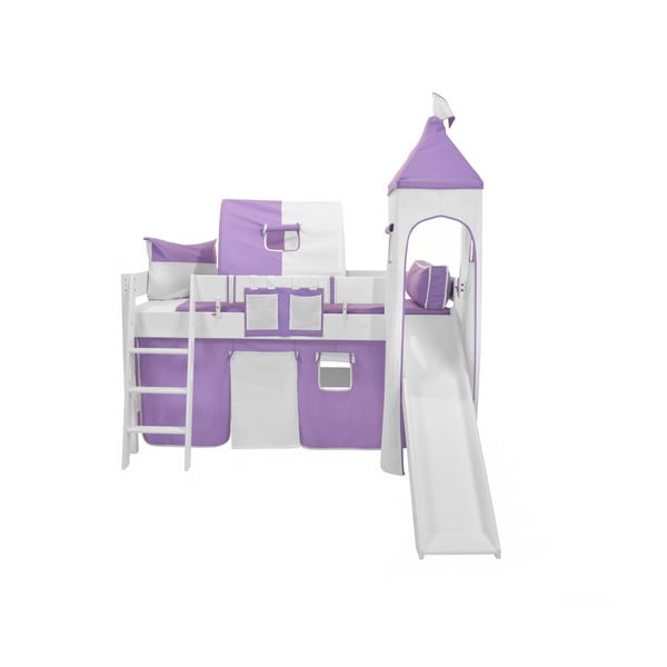 Dětská bílá patrová postel se skluzavkou a fialovo-bílým hradním bavlněným setem Mobi furniture Luk, 200 x 90 cm