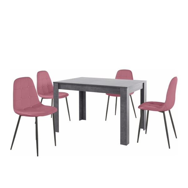 Set šedého jídelního stolu a 4 růžových jídelních židlí Støraa Lori Lamar