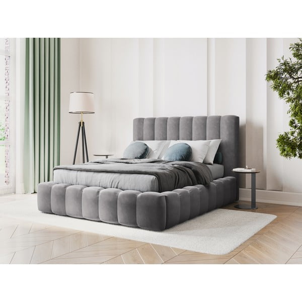 Šedá čalouněná dvoulůžková postel s úložným prostorem s roštem 200x200 cm Kelp – Micadoni Home-image-1