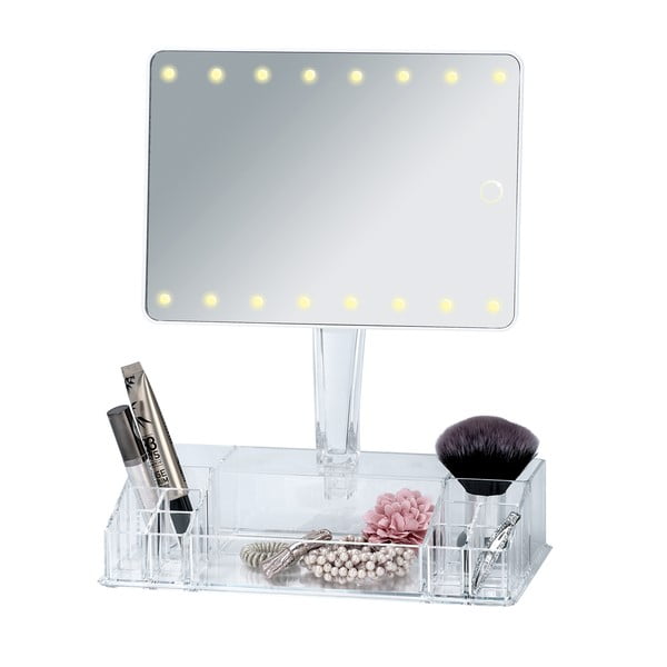 Bílé kosmetické zrcadlo s LED podsvícením a organizérem na make-up Farnese-image-3