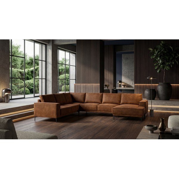 Koňakově hnědá rohová pohovka z imitace kůže (pravý roh/do "U") Copenhagen – Scandic-image-1