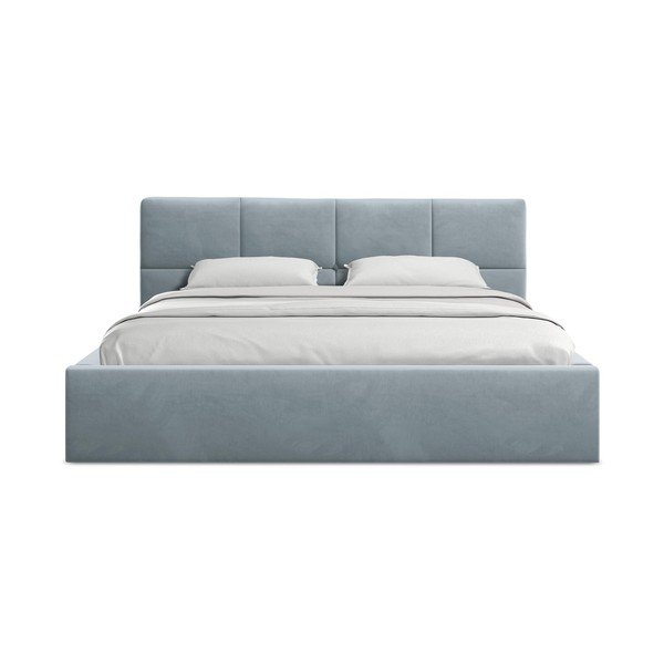 Světle modrá sametová čalouněná dvoulůžková postel s úložným prostorem s roštem 140x200 cm Hiko – Makamii-image-3