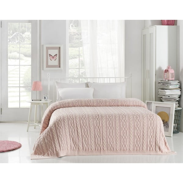 Světle růžový přehoz přes postel s příměsí bavlny Homemania Decor Knit, 220 x 240 cm
