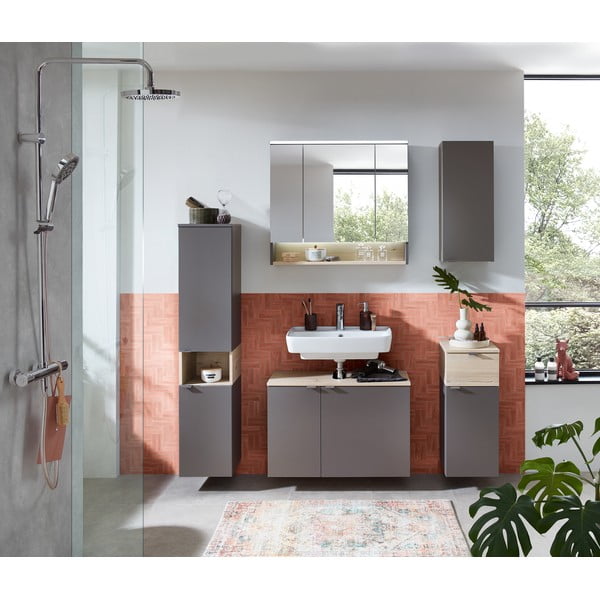 Šedá/v přírodní barvě nízká/závěsná koupelnová skříňka v dekoru borovice 72x30 cm Quickset 394 – Pelipal-image-4