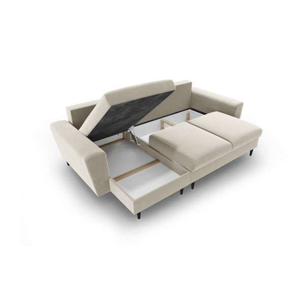 Béžová sametová rozkládací/s úložným prostorem rohová pohovka Kyoto – Cosmopolitan Design-image-3