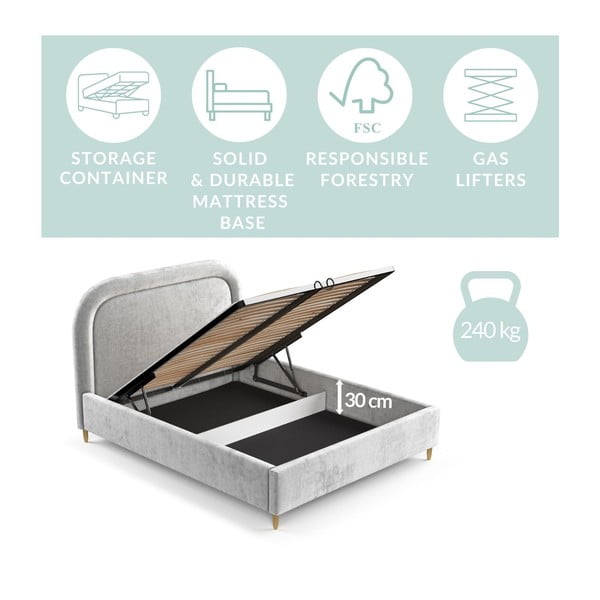 Světle šedá čalouněná dvoulůžková postel s úložným prostorem s roštem 140x200 cm Mija – Maison de Rêve-image-3