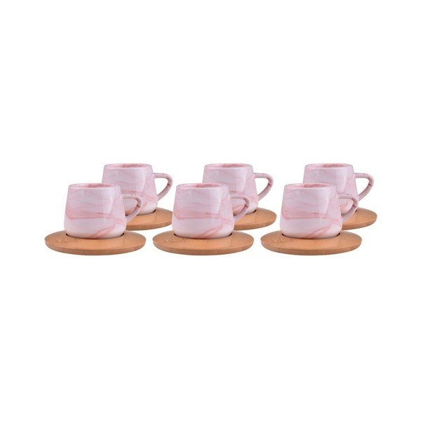 Sada 6 světle růžových porcelánových hrnků s bambusovými podtácky Bambum Ebru
