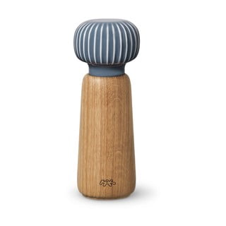 Mlýnek z dubového dřeva na koření s šedomodrým detailem z porcelánu Kähler Design Hammershoi, výška 17,5 cm