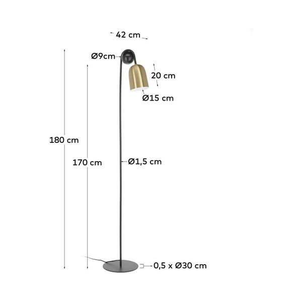 Černá/ve zlaté barvě stojací lampa s kovovým stínidlem (výška 180 cm) Natsumi – Kave Home-image-3