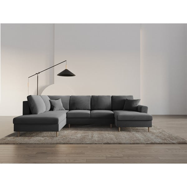 Světle šedá sametová rozkládací/s úložným prostorem rohová pohovka (levý roh/do "U") Kyoto – Cosmopolitan Design-image-2