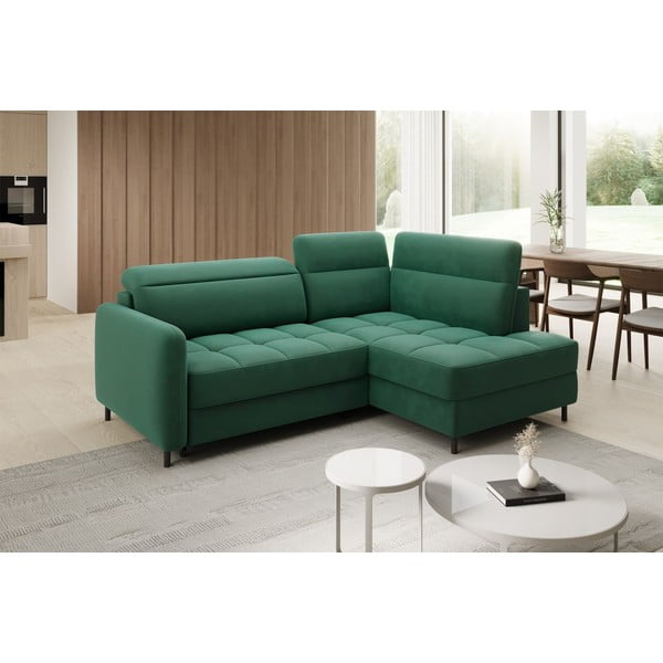 Zelená sametová rozkládací/s úložným prostorem rohová pohovka (pravý roh/do L) Barea – ELTAP-image-3