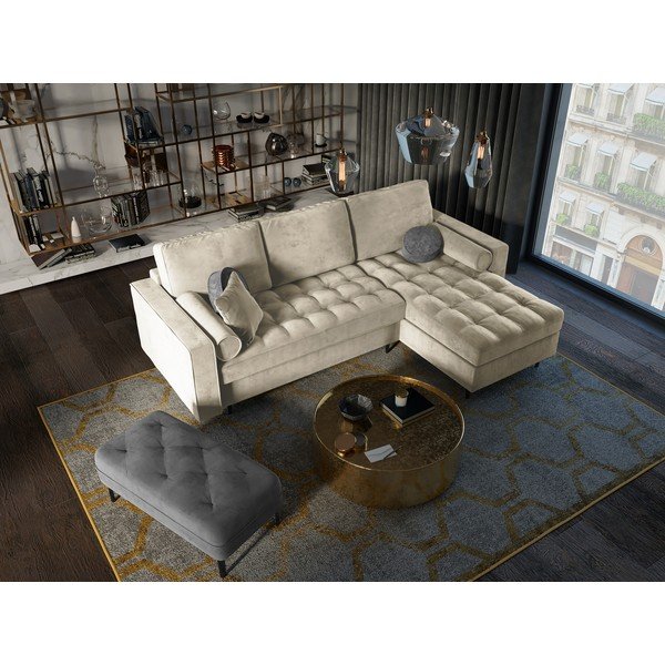 Béžová sametová rozkládací rohová pohovka Milo Casa Santo, pravý roh-image-1