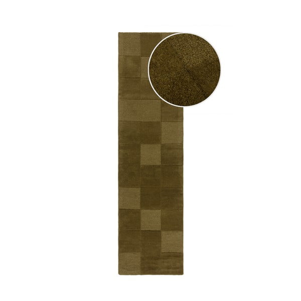 Khaki ručně tkaný vlněný běhoun 60x230 cm Checkerboard – Flair Rugs
