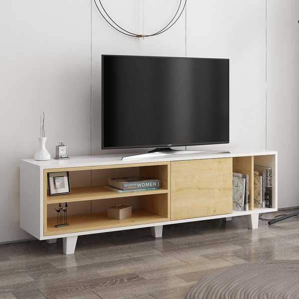 Bílý/přírodní TV stolek v dekoru dubu 160x49 cm Rosmar – Kalune Design-image-1