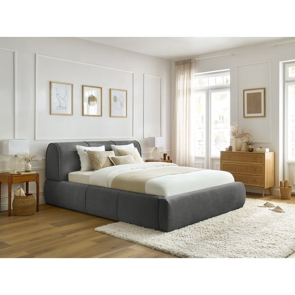 Šedá čalouněná dvoulůžková postel s úložným prostorem s roštem 180x200 cm Vernon – Bobochic Paris-image-1