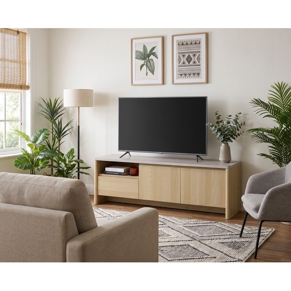 Bílý/ve světle přírodní barvě TV stolek v dekoru dubu 153x50x45 cm Dore – Marckeric-image-1