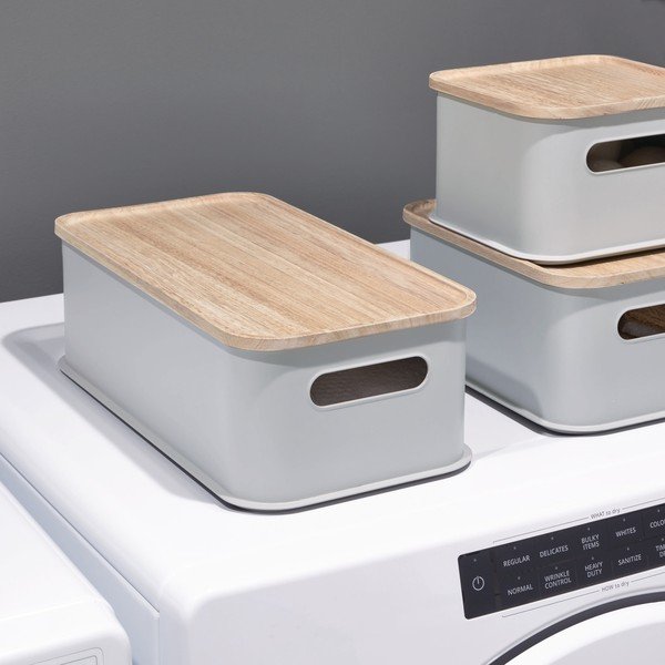 Šedý úložný box s víkem ze dřeva paulownia iDesign Eco Handled, 21,3 x 43 cm-image-1