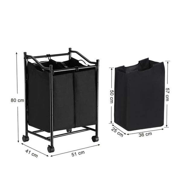 Černý koš s kolečky a 2 segmenty na prádlo Songmics-image-2