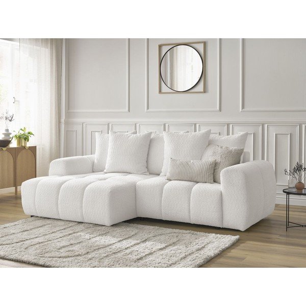 Bílá rozkládací/s úložným prostorem rohová pohovka z textilie bouclé (levý roh/s lenoškou) Roxelane – Bobochic Paris-image-4